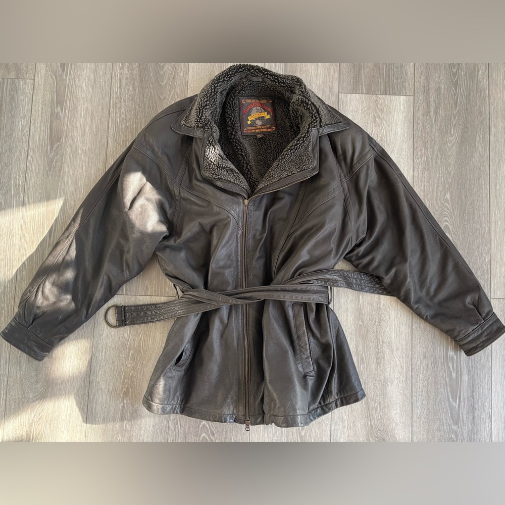Adventure Bound Leather Jacket Sherpa Lined Belted Coat Large